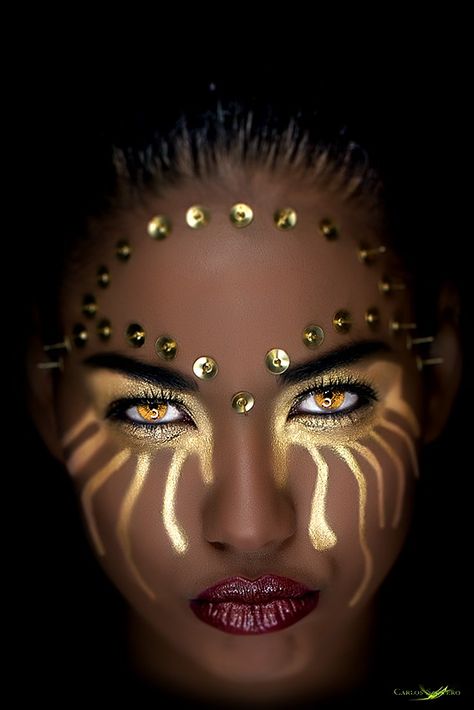 Would be perfect for Burning Man...                                                                                                                                                                                 Plus Extreme Make-up, Gold Makeup, Maquillage Halloween, Fantasy Makeup, Costume Makeup, African Beauty, Black Women Art, 인물 사진, Creative Makeup