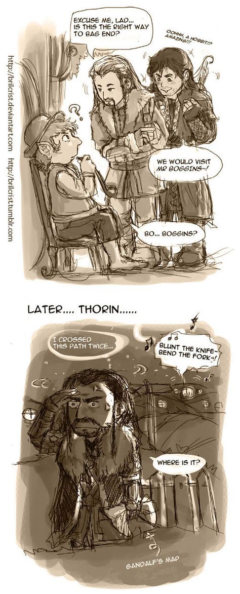 Journey to Bag End by Brilcrist.deviantart.com on @DeviantArt ---- I love the headcannon that Thorin is near-sighted to the point of being legally blind, but the thought that he could not hear the racket the others were making at Bag End either is hilarious!!! Thorin X Oc, Thorin X Bilbo Fanart Kiss, Thorin X Thranduil, Thorin Hobbit, Thorin Oakenshield Fanart, Bilbo X Thorin, Ring Wraiths, Hobbit Funny, Kili Hobbit