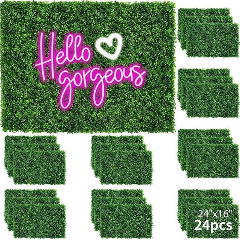 Boxwood Hedge Wall, Fence Backyard, Hedge Wall, Fake Walls, Greenery Backdrop, Fake Leaves, Artificial Grass Wall, Grass Backdrops, Pink Neon Sign