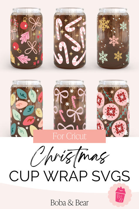 Need a quick Cricut Christmas gift idea? Use these cup wrap svgs to make cute gifts! Christmas Jars Cricut, Circuit Tumbler Ideas, Cricut Cup Wrap, Cricut Cup Ideas Vinyls, Cricut Christmas Gift, Boba Bear, Cricut Cups, Christmas Tumbler Wrap, Cricut Christmas