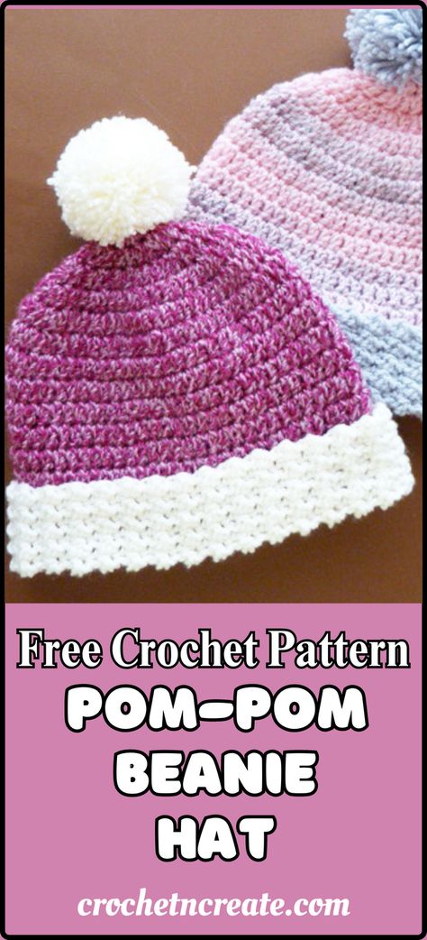 Free pom-pom beanie hat pattern. Crochet Beanie With Pom Pom Free Pattern, Crochet Pom Pom Hat Pattern Free, Crocheting Hats, Crochet Hats Free Pattern Ladies, Crochet Pom Pom Hat, Crochet Pom Pom, Crochet Adult Hat, Blankets Crochet, Beanie Hat Pattern