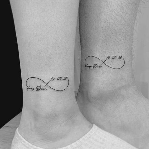 Infinity Tattoo: Meanings Designs and Ideas |  love tattoos for black couples Infinity Friendship Tattoos, Double Tattoo Ideas, Tattoos For Black Couples, Infinity Sister Tattoo, Tattoo For Husband, Double Infinity Tattoo, Infinity Knot Tattoo, Double Infinity Tattoos, Couple Name Tattoos