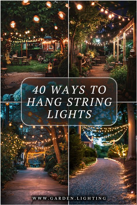 a series of photos of a garden with string lights and a path Outdoor String Lights Backyard, Backyard Party Lighting, Yard String Lights, Porch String Lights, Hanging Patio Lights, Backyard String Lights, Outdoor String Lights Patio, Driveway Lighting, Fire Pit Lighting