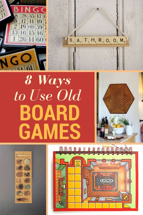 Don’t let old board games languish on the shelf. If you’ve lost pieces, or no longer enjoy them, there are lots of board game crafts you can repurpose them for. Check out these board game upcycling ideas that will bring new life, and a bit of modern design to some of your old favorites. What To Do With Old Board Games, Old Game Boards Upcycle, Decorating With Board Games, Board Game Upcycle, Repurpose Board Games, Game Board Crafts, Game Pieces Crafts, Scrabble Board Crafts, Vintage Games Aesthetic