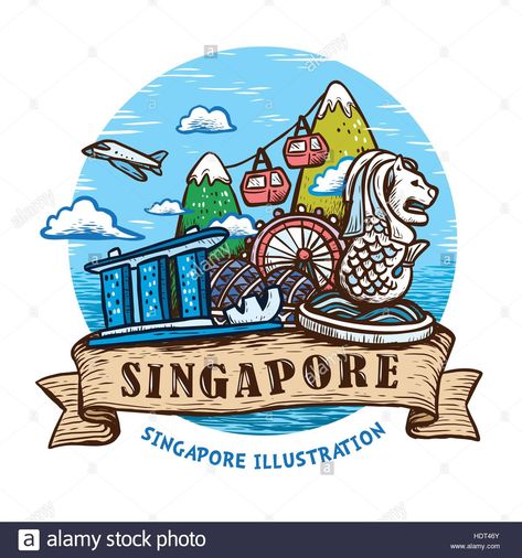 Download this stock vector: lovely Singapore scenery poster design in hand drawn style - HDT46Y from Alamy's library of millions of high resolution stock photos, illustrations and vectors. Singapore Illustration Art, Singapore Doodle, Singapore Scenery, Singapore Drawing, Singapore Illustration, Singapore Icon, Singapore Poster, Singapore Merlion, Merlion Singapore