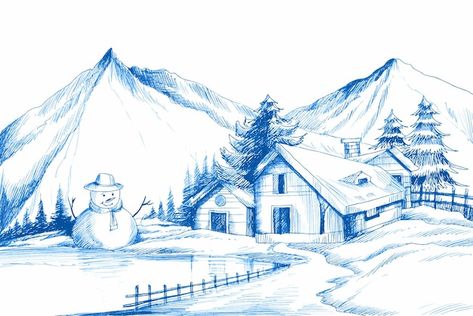 Free vector hand draw christmas winter s... | Free Vector #Freepik #freevector #christmas-tree-christmas-card #christmas-tree-watercolor #new-year-watercolor #christmas-happy-new-year Frost Christmas Tree, Christmas Scene Drawing, Winter Drawing Ideas, Christmas Tree Sketch, Winter Drawing, Draw Christmas, Easy Scenery Drawing, Sketch Background, Tree Sketch