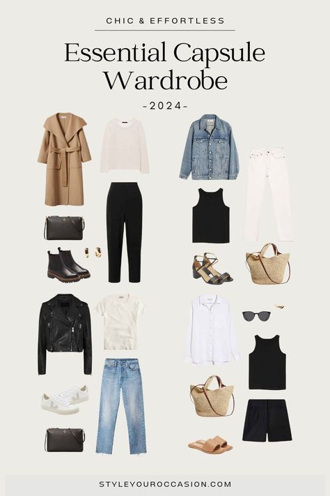 Looking for a minimalist capsule wardrobe for 2024? This minimal-chic capsule wardrobe for year-round makes it easy find the best wardrobe essentials and create chic everyday outfits for spring, summer, fall, and winter! Whether you’re looking for classy, neutral, minimalist, or casual capsule wardrobe ideas, we have everything you need to build the perfect minimalist wardrobe for women. Virgo Aesthetic, Chic Capsule Wardrobe, 2024 Clothes, Minimalist Wardrobe Capsule, Minimalist Wardrobe Essentials, Chic Style Inspiration, Project 333, Capsule Wardrobe Checklist, Classy Wardrobe