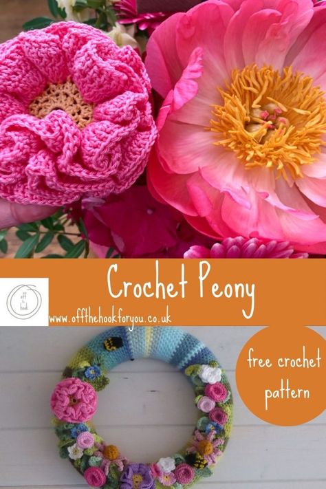 Crochet Wall Flower Pattern, Large Crochet Flowers Free Pattern, Crochet Flower Wreath Pattern Free, Crochet Peony Pattern Free, Crochet Flower Patterns Free, Crochet Bracelet Patterns, Crocheted Plants, Crochet Peony, Crochet Wreath Pattern