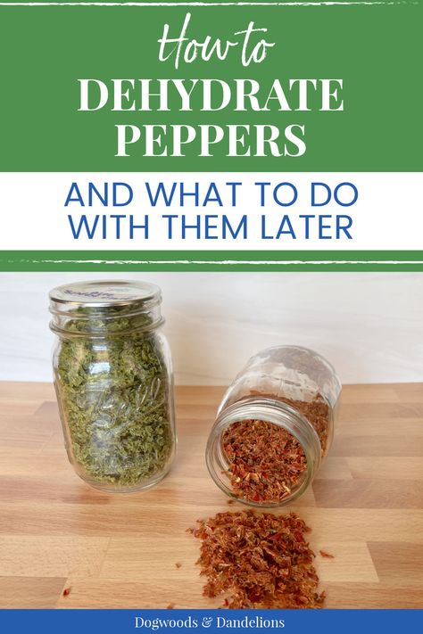 a jar of green dehydrated bell peppers and a jar of dehydrated red bell peppers with the red peppers spilling onto a wooden counter top Storing Dehydrated Food, Dehydrate Bell Peppers, Dehydrating Peppers In Oven, How To Dehydrate Peppers In Dehydrator, Dehydrated Peppers Recipes, How To Dry Vegetables, How To Dehydrate Chili Peppers, Dehydrate Chili Peppers, Ways To Preserve Peppers