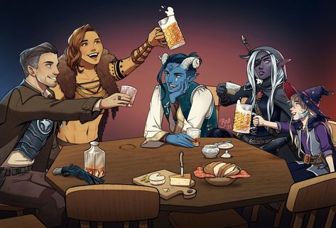 Dnd Party Art Tavern, Dnd Group Art, Group Character Poses, Dnd Comics, 30 Day Art Challenge, Golden Guard, Dnd Campaign, Paint Inspo, Party Characters