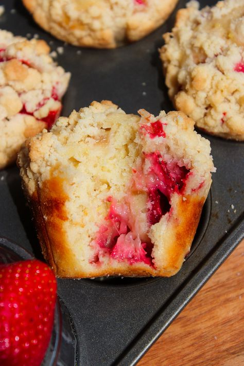 Strawberry Rhubarb Streusel Muffins Rhubarb Streusel Muffins, Rhubarb Muffins Recipe, Taffey Bakery, Strawberry Rhubarb Muffins, Lemon Raspberry Muffins, Strawberry Muffin Recipes, Vegan Blueberry Muffins, Rhubarb Muffins, Blueberry Banana Bread