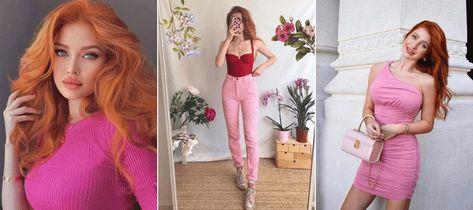 Redheads Wearing Pink, Red Hair And Pink Outfit, Red Hair With Pink Dress, Best Color For Redheads To Wear Clothes, Colors For Redheads To Wear, Red Head Outfits, Outfits For Redheads, Red Hair Pink Dress, Red Hair Outfits