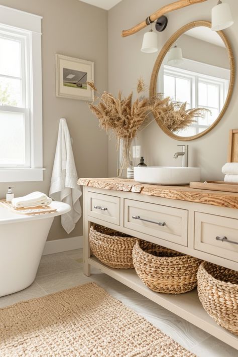 Earthy bathroom designs incorporate natural materials and neutral tones for a soothing, grounded atmosphere. See more ideas here. Earthy Bathroom Colors, Earthy Bathroom Color Palette, Neutral Earthy Bathroom, Neutral Warm Bathroom, Natural Color Bathroom, Bathroom Nature Theme, Bathroom Ideas Neutral Colors, Earthy Tone Bathroom, Bathroom Earth Tones