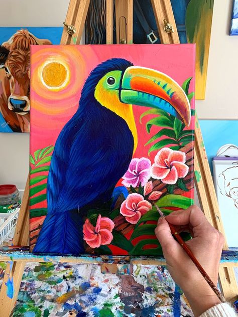 Lauren Elizabeth Animal Art, Cute Paintings Animals, Simple Animal Paintings, Tucan Painting, Cute Animals Painting, Animal Painting Ideas, Painting Ideas Animals, Acrylic Painting Animals, Acrylic Animal Paintings