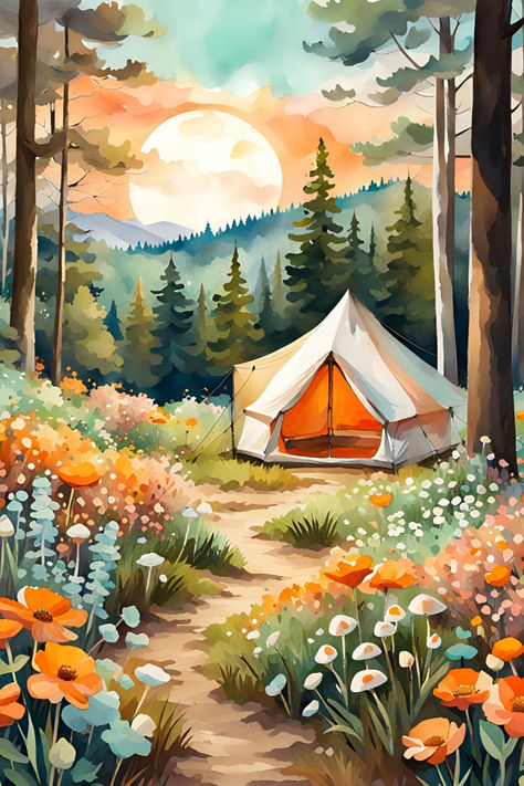 Spring camping aesthetic pastel watercolor art Spring Camping Aesthetic, Campsite Drawing, Spring Aesthetic Pastel, Woodland Aesthetic, Cozy Tent, Luxury Boho, Spring Camping, Camping Aesthetic, Ancient Tree