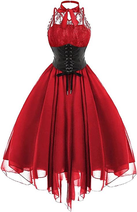 Amazon.com: Women's Sleeveless Gothic Lace Dress with Corset Halter Lace Swing Cocktail Dress : Clothing, Shoes & Jewelry Halter Backless Dress, Vestidos Retro, Vintage Red Dress, Vintage Party Dresses, Dress With Corset, Punk Dress, Grunge Dress, Lace Party Dresses, Goth Dress