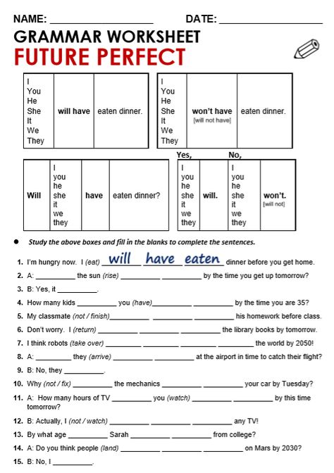 Picture Tense Worksheet, English Grammar Test, English Grammar Exercises, English Teaching Materials, Future Tense, Perfect Tense, Grammar Exercises, English Worksheet, English Exercises