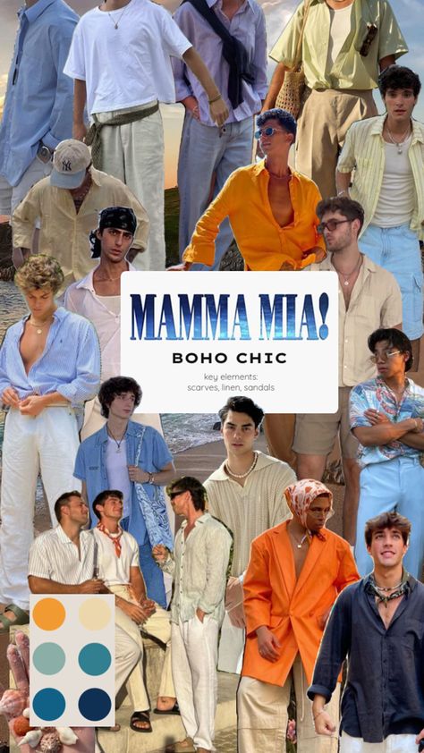 Summer outfit ideas for men Men Mamma Mia Outfit, Mama Mia Party Outfit Men, Mamma Mia Outfits Party Men, Mamma Mia Guys Outfits, Party Theme Dress Code Ideas, Abba Outfits Men, Greece Fits Men, Mamma Mia Night Party, Tulum Outfits Ideas Men