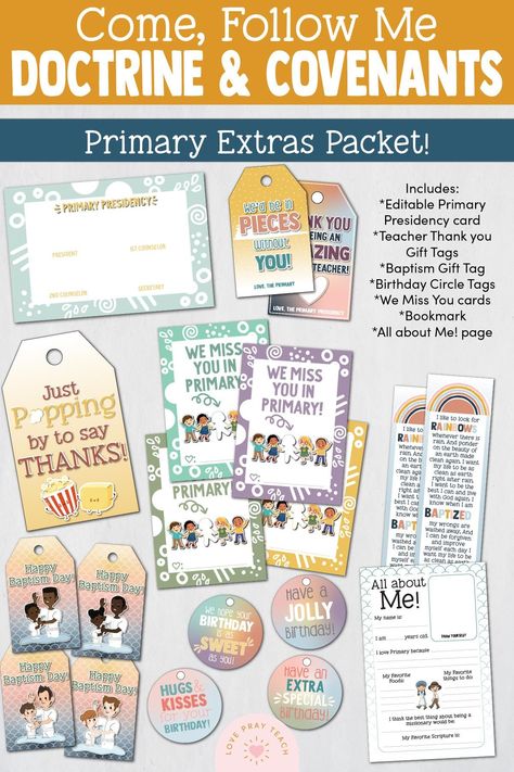 Birthday tags, Primary teacher treat tags, Baptism tag, baptism bookmark, All About Me, and more! www.LovePrayTeach.com Lds Primary Lesson Helps, Primary Presidency, Lds Primary Lessons, Primary Teacher, Primary Singing Time, Primary Activities, Articles Of Faith, Lds Young Women, Primary Lessons