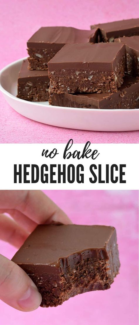 The perfect no bake Hedgehog Slice. Filled to the brim with crushed cookies, coconut, hazelnuts and chocolate, this mouthwatering slice makes for a seriously sweet treat. Recipe from sweetestmenu.com #slice #chocolate #nobake #dessert #nutella Peanut Slice Recipe, Chocolate Hedgehog Slice, No Bake Chocolate Slice Recipe, Hedgehog Slice Recipe, No Bake Traybake Recipes, Slices Recipes Easy, No Bake Slice, Fudge Slice, Christmas Slice