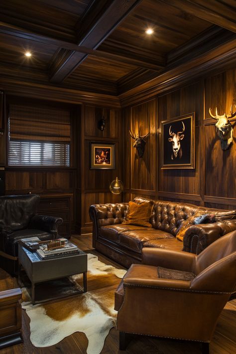 moody-man-cave Moody Hunting Lodge, Lodge Man Cave, Gentlemans Lounge Decor, Man Lounge Room, Man Cave Ideas Hunting, Whiskey Lounge Decor, Speakeasy Man Cave, Mens Lounge Room, Gentlemans Club Aesthetic