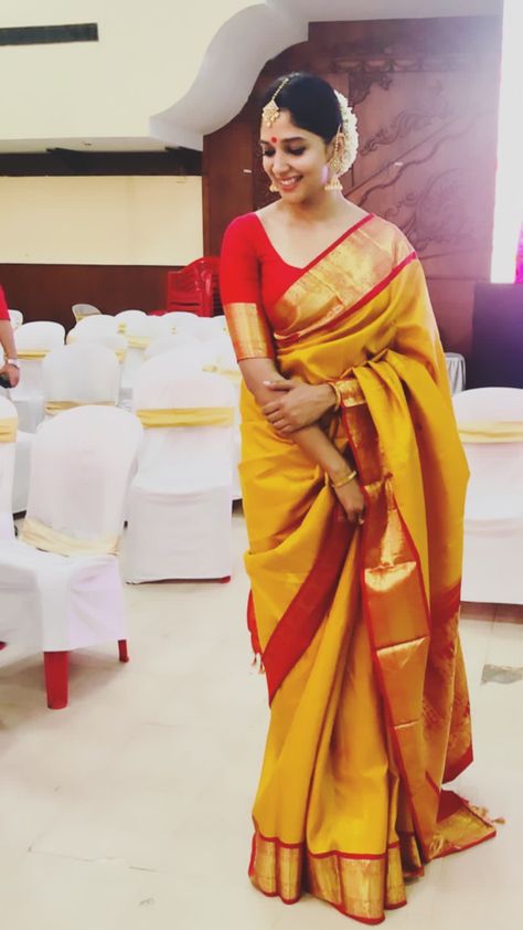 Yellow Sarees For Wedding, Nyla Usha Saree, Kancheepuram Saree, Silk Saree Blouse Pattern, Yellow Sarees, Nyla Usha, White Salwar, Bride Collection, Saree Blouse Styles