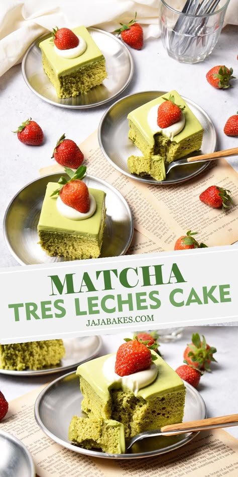 Easy Matcha Dessert Recipes, Easy Matcha Desserts, Matcha Tres Leches Cake, Matcha Sponge Cake, Macha Desserts, Tres Leches Flavors, Matcha Food Recipes, Macha Dessert, Matcha Deserts