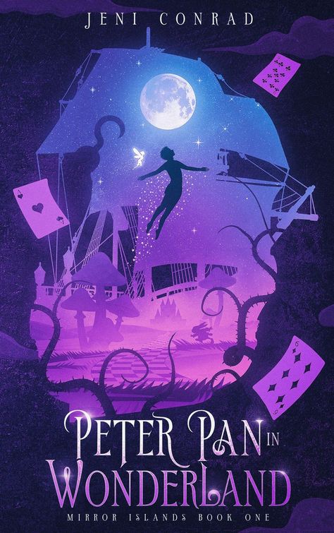 An adult fantasy book cover in purple colors. There is Peter Pan, Captain Hook and a lot of magical objects. Amazing Book Covers, Book Cover Art Design, Alfabeto Disney, Fairytale Retelling, Book Illustration Design, Book Deal, Cover Design Inspiration, Purple Books, Book Cover Artwork