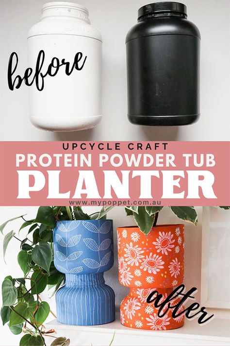 Diy Planters Pots Upcycle, Recycle Containers Ideas, Recycle Protein Powder Containers, Diy Planters From Plastic Bottles, Coffee Can Planters Diy, Plant Pot Upcycle Ideas, Repurposed Items For Planters, Upcycled Flower Pots, Recycled Planters Upcycling