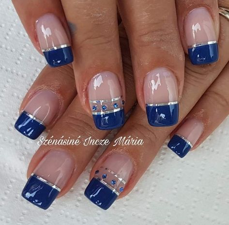 Nail Art Designs In Blue Colour, Denim And Diamonds Nails, French Manicure Designs Navy Blue, French Manicure With Navy Blue, Marine Nails Designs, Blue French Tip Nails For Wedding, Blue And Silver Nail Designs French Tips, Summer Nails 2024 French Tip Blue, Navy Blue Nail Designs 2024