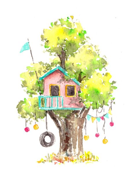 I Use Watercolours To Paint Whimsical Tree Houses Watercolour Houses Simple, Tree House Drawing Simple, Watercolor Houses Simple, Cute House Painting, Tree House Watercolor, Tree House Painting, Cute House Drawing, Tree House Illustration, Tree House Art