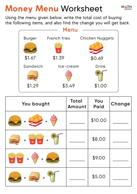 Menu Math, Money Math Worksheets, Free Printable Menu, Money Word Problems, Tracing Alphabet, Worksheet Preschool, Money Printables, Restaurant Order, Money Math