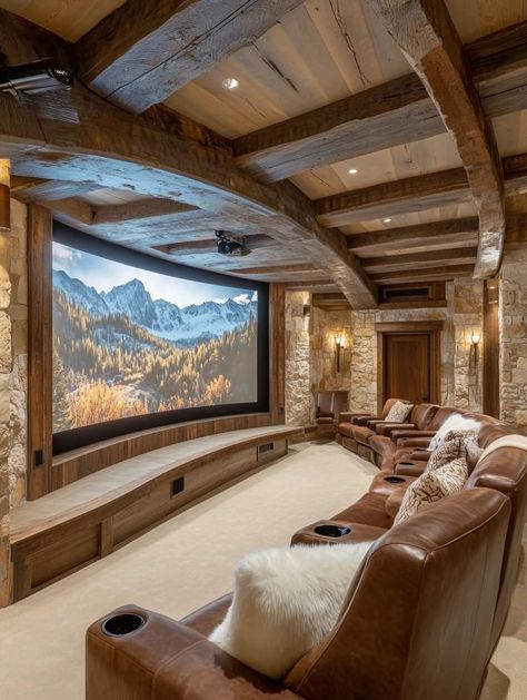 Modern Farmhouse Movie Room, Basement Theatre Room Ideas, Farmhouse Movie Room, Cozy Hangout Room, Mountain Basement, Home Theatre Room Design, Cozy Movie Room, Cabin Basement, Lodge Plans