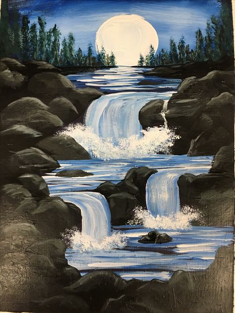 A Beautiful Scenery Drawing, Sip And Paint Ideas For Beginners, Easy Scenery Painting, Easy Painting Tutorials, River Drawing, Painting River, Waterfall Painting, Waterfall Scenery, Easy Landscape Paintings