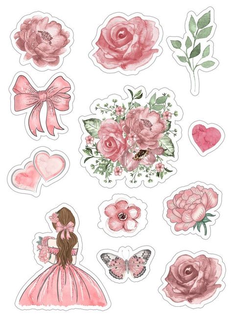 Pink Roses.  153 30 🌌 Vintage Aesthetic Stickers Printables, Sticker Collection Book, Pink Scrapbook Paper, Seni Resin, Pink Scrapbook, Pink Stickers, Sticker Design Inspiration, Printable Vintage Art, Floral Cards Design