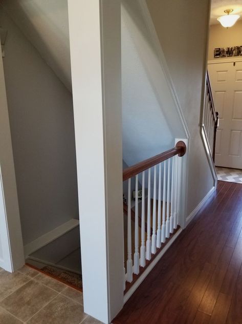 Basement Stairs Under Main Stairs, Open Basement Stairs In Living Room, Open Stairwell To Basement, Stairway Upgrade, Stair Update, Open Stairwell, Basement Redesign, Basement Stairwell Ideas, Basement Stair