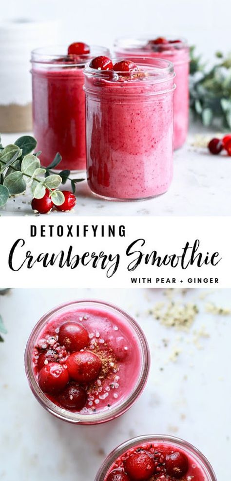 This healthy cranberry smoothie recipe has delicious festive flavours and works to detox the body around the holiday season! It is dairy freee and gluten free and boost digestion with it's whole food ingredients including pear, ginger, cinnamon, and collagen protein! Christmas Smoothie Recipes, Cranberry Smoothie Recipes, Gingerbread Smoothie, Christmas Smoothies, Winter Smoothies, Nonalcoholic Drinks, Cranberry Smoothie, Apricot Smoothie, Christmas Cranberry