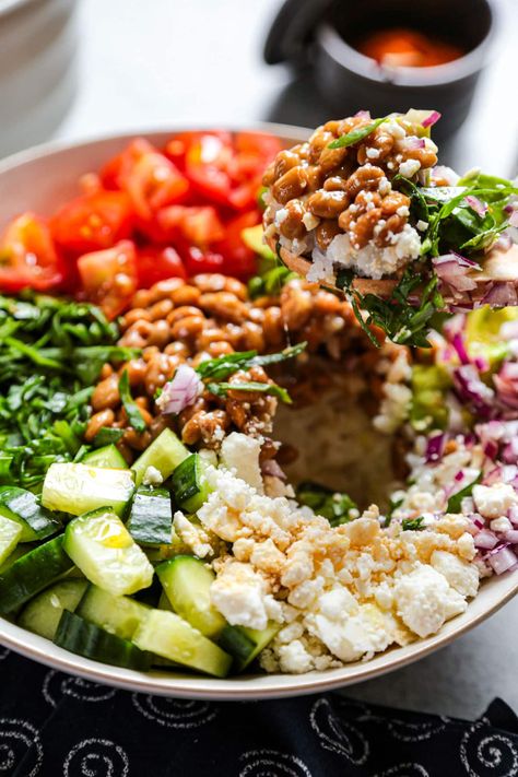 Hummus Rice Bowl, Rice Vinegar Dressing, Fermented Beans, Mediterranean Rice, Mediterranean Bowl, Creamy Feta, Vinegar Dressing, Meal Recipes, Tofu Recipes