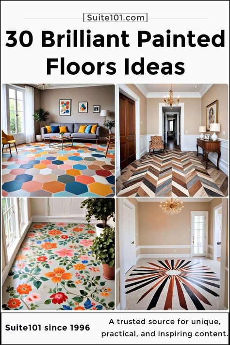 30 Painted Floor Ideas To Revitalize Your Home’s Style Painted Wood Floors Designs, Painted Kitchen Floor Ideas, Painted Wooden Floors Ideas, Sub Flooring Ideas Diy, Brown Painted Floors, Painting Hardwood Floors Diy, Painted Subfloor Plywood, Painted Wood Floors Ideas, Painted Subfloor