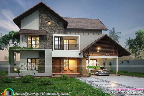 2900 square feet 4 BHK sloped roof house Stilt House, Concrete Fountains, Sloped Roof, Sloping Roof, Kerala House, 2 Storey House Design, Roof House, Modern Small House Design, Small House Elevation Design