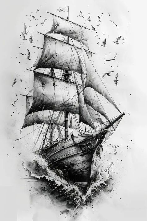 Cute and Easy Doodles to Draw - Simple Drawing Ideas - Puqqu Pirate Ship Tattoo Drawing, Drawing Ideas Tattoo, Cute And Easy Doodles, Barco Viking, Pirate Ship Drawing, Pirate Ship Tattoos, Boat Sketch, Ship Sketch, Pirate Ship Tattoo