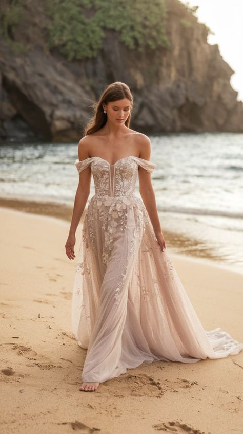 Feel like royalty with these lightweight, off-the-shoulder wedding dresses designed to keep you cool and radiant on your wedding day! #EffortlessBride #RoyalWeddingDress
Hashtags: #BeachyBride #BreezyGown #WeddingInspiration Boho Off Shoulder Wedding Dress, Beach Theme Wedding Dress, Bride Dress Beach Wedding, Island Wedding Dress, Tropical Wedding Dress, Wedding Beach Dress, Island Wedding Dresses, Tropical Wedding Dresses, Ball Gowns Vintage