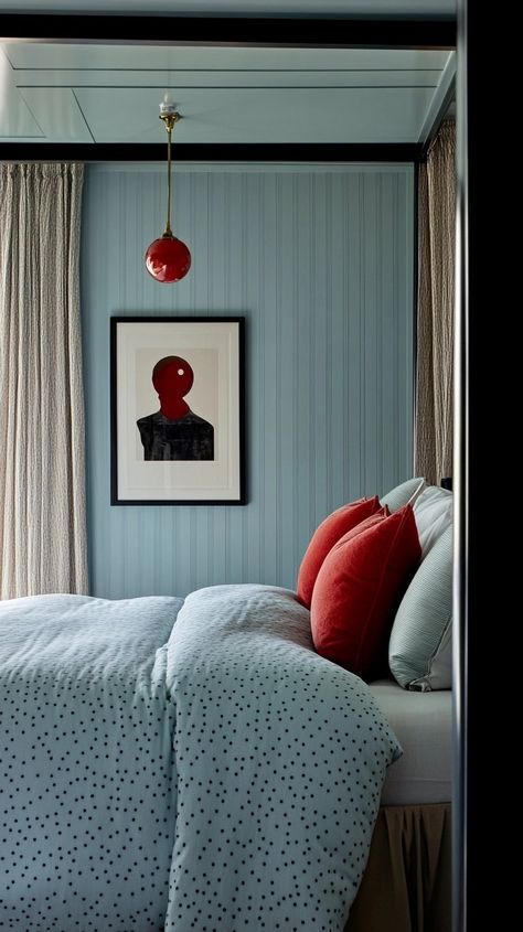 Enhancing Your Space with Light Muted Blue and Red: A Design Journey — Living Bright Interiors Blue Kid Bedroom, Small Room Color Ideas, Colour Drenched Bedroom, Blue Hotel Room, Blue Accent Bedroom, Bright Blue Bedroom, Blue And Red Bedroom, Red And Blue Bedroom, Red And Blue Interior