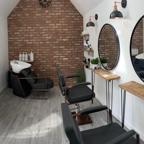 Hair Salon Interior Design Industrial, Garden Room Hair Salon Ideas, Home Hairdressing Salon, Industrial Farmhouse Hair Salon, Small Home Salon Ideas Layout, Rustic Hair Salons, Home Beauty Salon Ideas Small Diy, Brick Wall Hair Salon, Garage Into Salon