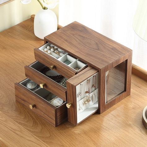 Jewelry Storage Cabinet, Jewelry Box Organizer, Jewelry Box Design, Drawer Wood, Jewelry Drawer, Wood Earring, Jewelry Box Diy, Glass Jewelry Box, Wine Display