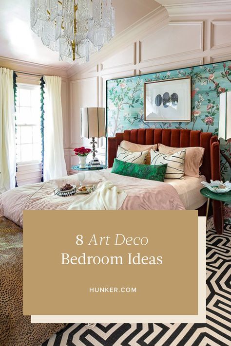 Bedroom Inspirations Art Deco, Modern Art Deco Family Room, 20s Style Bedroom, Art Deco Bedroom Curtains, Mid Century Art Deco Bedroom, Art Deco Guest Room, Art Deco Style Interior Living Room, Art Deco Primary Bedroom, Cool Curtain Ideas