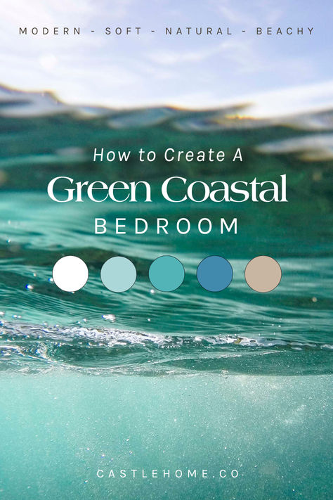 The green coastal aesthetic is loved for its serene, refreshing feel, combining beachy charm with chic elegance. In a green coastal bedroom, experience the tranquility and revitalization of the California coast. Perfect for master and small spaces, this style mixes neutral tones with cozy, casual decor. Inspired by boho, vintage, farmhouse, and cottage looks, it offers a preppy, minimal, and modern vibe. Discover inspiration and ideas for your chic beachy makeover! Blue And Green Nautical Bedroom, Sage Coastal Bedroom, Seafoam Green Bedroom Ideas, Colorful Beach House Decor Bohemian, Seafoam Bedroom Ideas, Beach Style Bedroom Ideas, Sea Green Bedroom, Seafoam Green Aesthetic, Green Coastal Bedroom