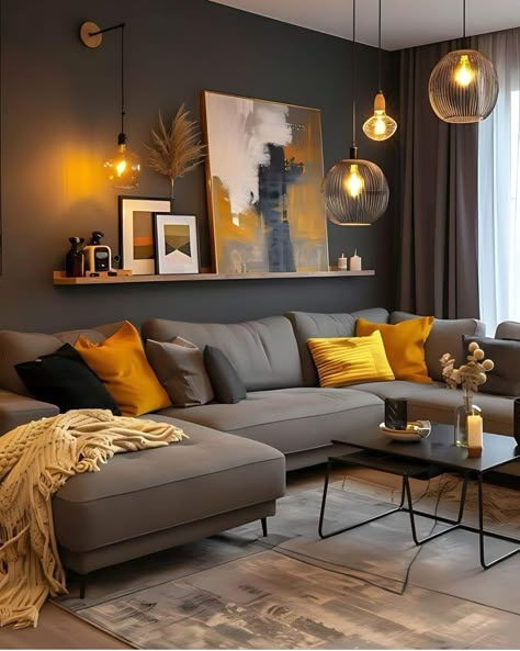 Green Black And Yellow Living Room, Dark Grey And Yellow Living Room, Mustard Couch Decor, Bedroom African Style, Living Room Mustard Sofa, Black And Mustard Living Room, Grey And Mustard Living Room Ideas, Yellow And Black Living Room, Black Yellow Living Room