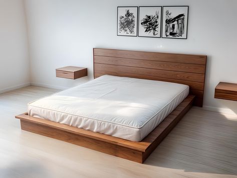 Wooden Bed Frame Platform, How To Make A Queen Size Bed Frame, Making A Platform Bed, Platform Bed Plans Queen, Low Platform Bed Japanese Style, Diy Guest Bed, Platform Beds Ideas, Simple Double Bed Design, No Frame Bed