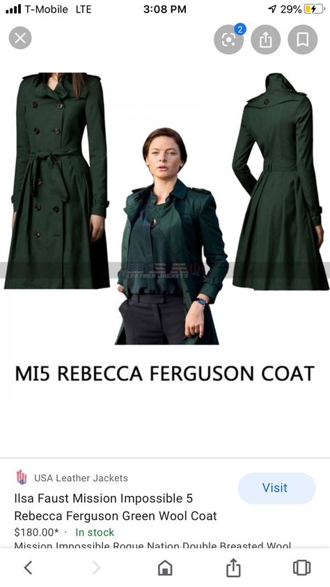 Mission Impossible 5, Green Wool Coat, Rebecca Ferguson, Mission Impossible, Green Wool, Costume Ideas, Wool Coat, Trench Coat, Auction